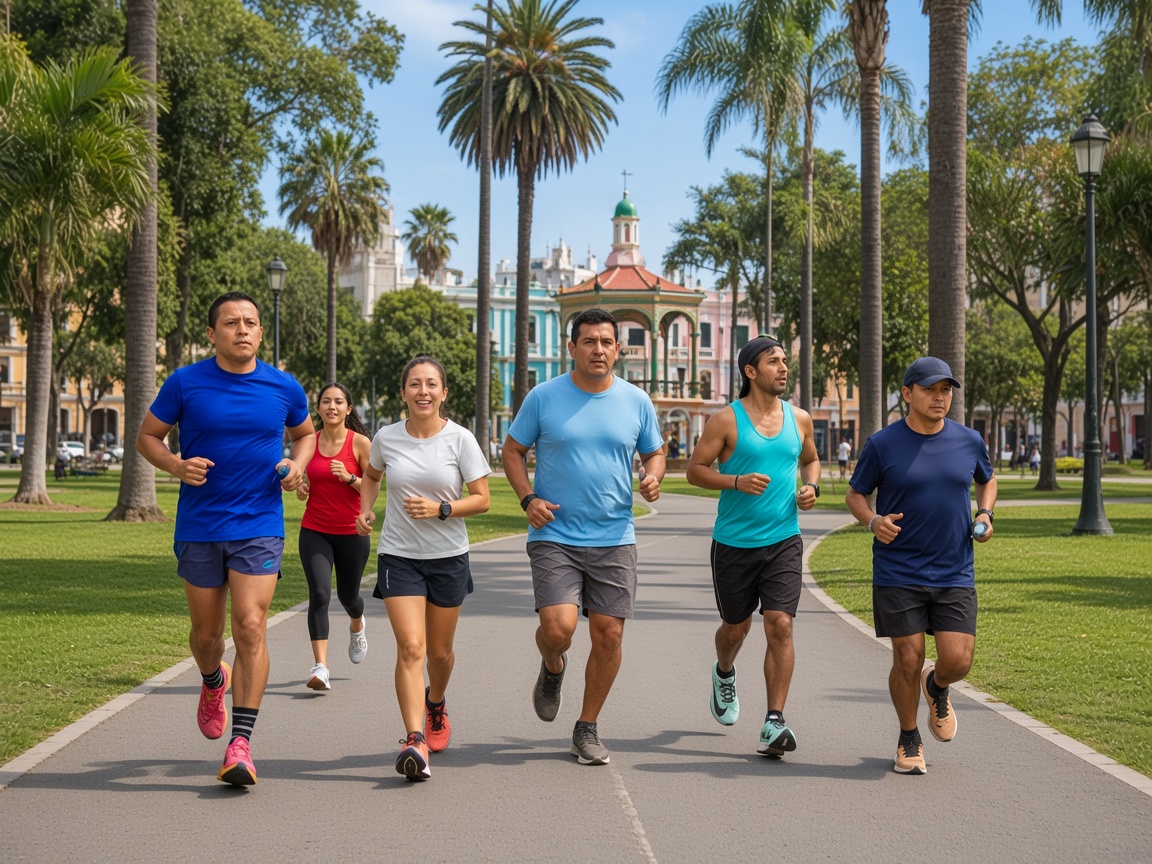 Seis corredores trotando hacia la cámara