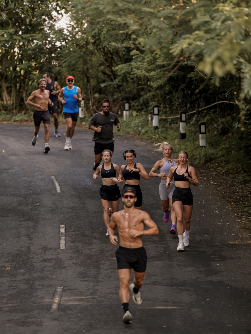 Runners por una carretera con bosque en la mañana