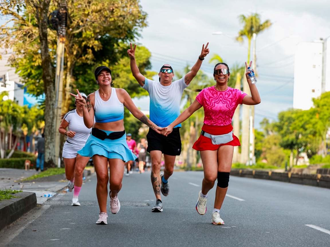 Tres corredores latinos sonriendo y haciendo señas de paz en una carrera de calle