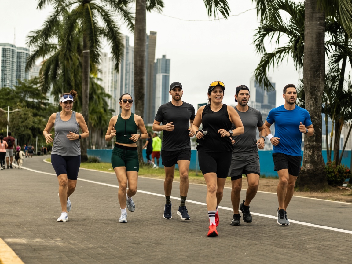 Seis runners por un paseo con palmeras