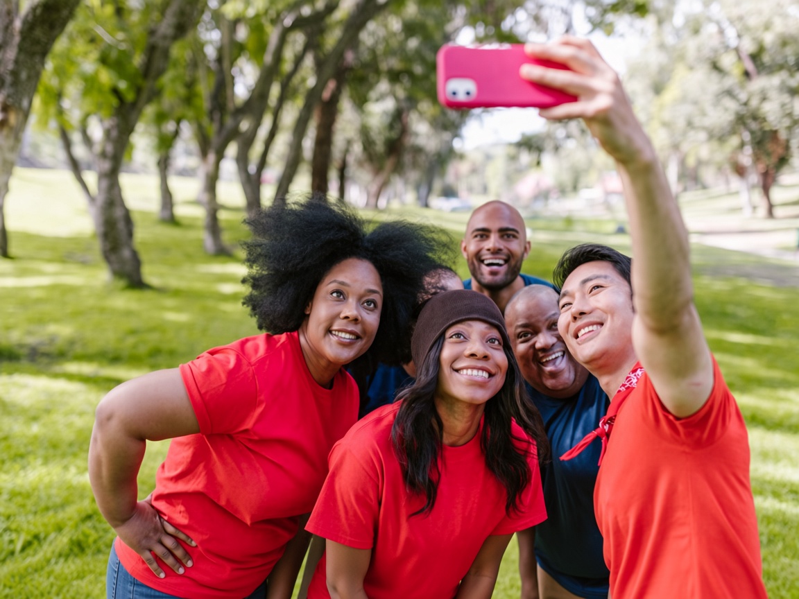 Cinco amigos con camisetas rojas riéndose en una selfie grupal