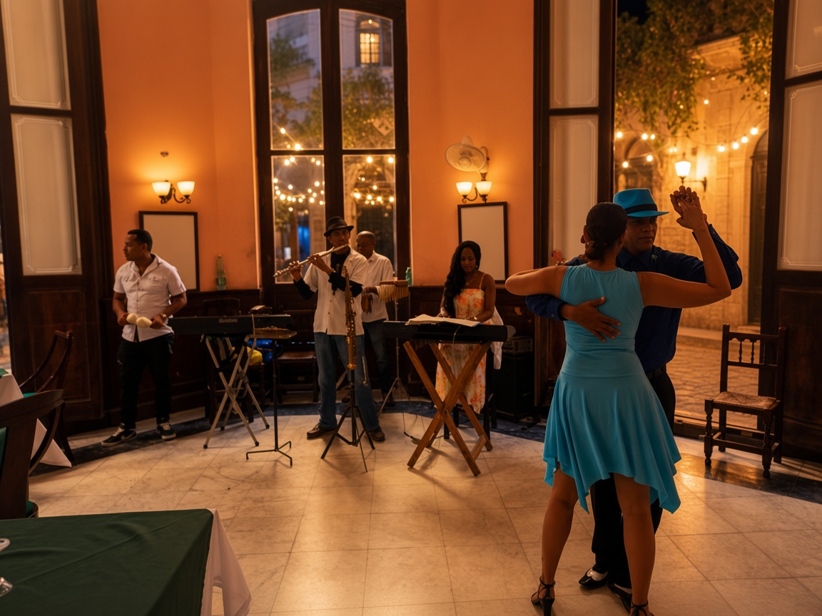 Pareja bailando salsa con una banda en vivo