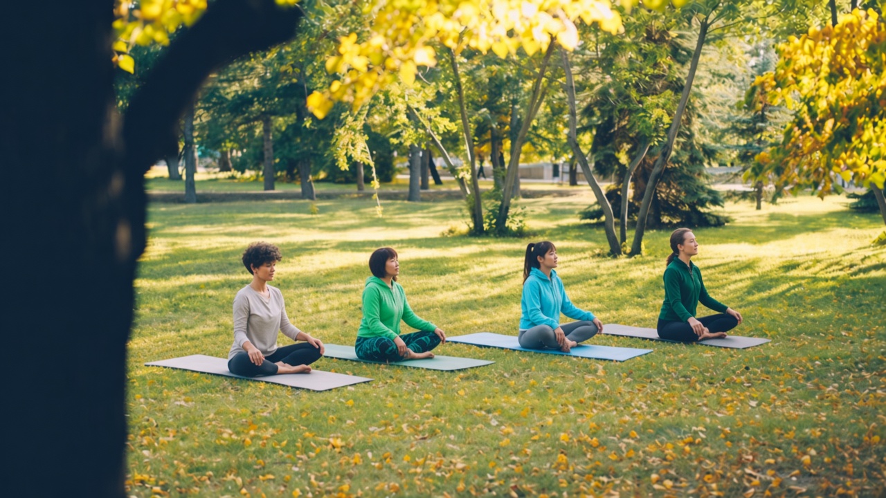 Cuatro mujeres en una clase de yoga en un parque