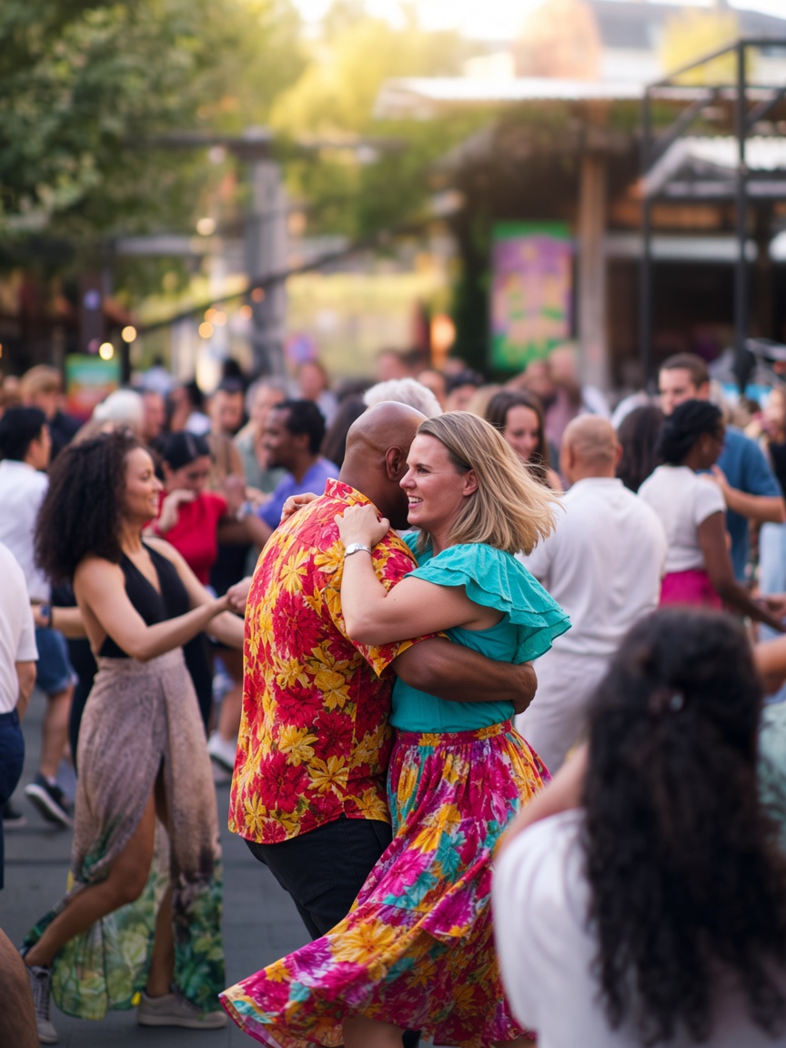 Pareja bailando salsa en una plaza, con gente alrededor